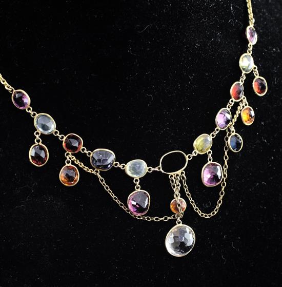 A mid 20th century Austrian 14ct gold and multi gem set drop necklace, 24in.